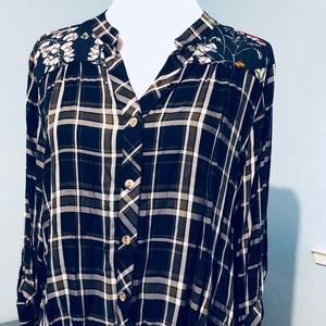 Navy plaid & flowered button down. NWT